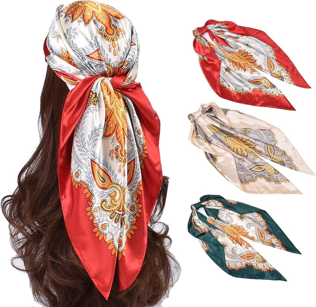 35x35 Inch Large Square Scarf 3PCS Fashion Scarves Silk Feeling Hair Scarf Wrapping Scarfs Night ... | Amazon (US)