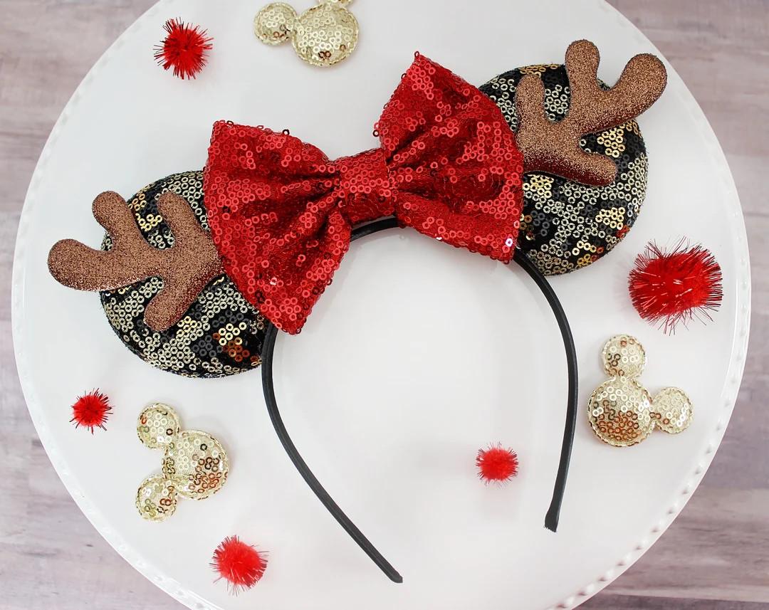 REINDEER Christmas Animal Kingdom Mickey Ears Headband, Antlers Minnie Ears, Leopard Print Sequin... | Etsy (Global)