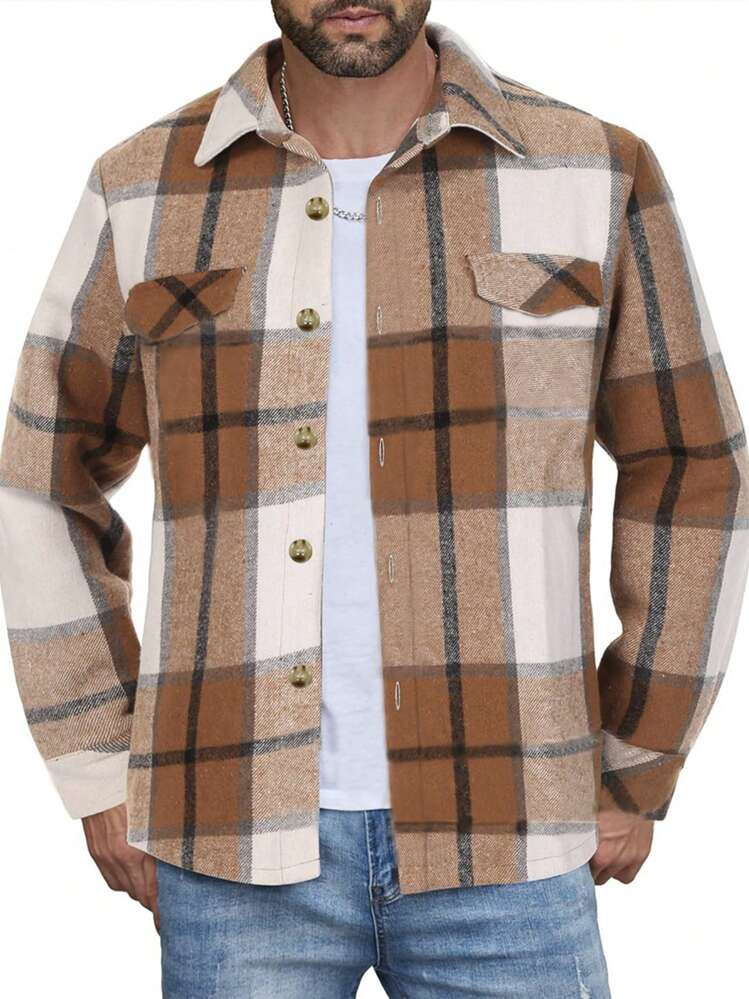 Men's Casual Minimalist Plaid Print Shirt Jacket | SHEIN