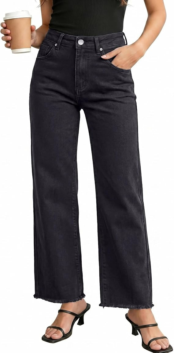 GRAPENT Straight Leg Jeans for Women High Waisted Stretchy Frayed Raw Hem Loose Denim Pants Casua... | Amazon (US)