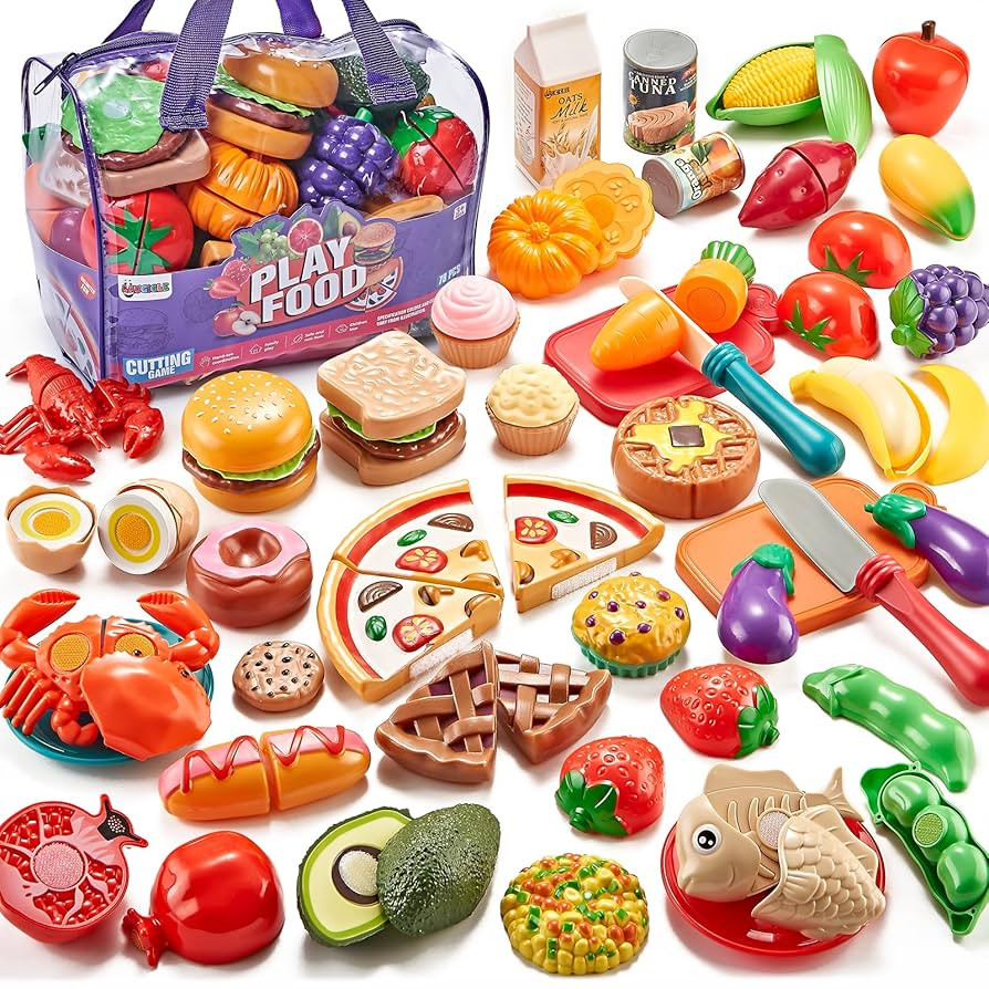 Pretend Play Food for Kids Kitchen - 78Pc Cutting Toy with Storage Bag, Toys Veggies, Fruits, Fak... | Amazon (US)