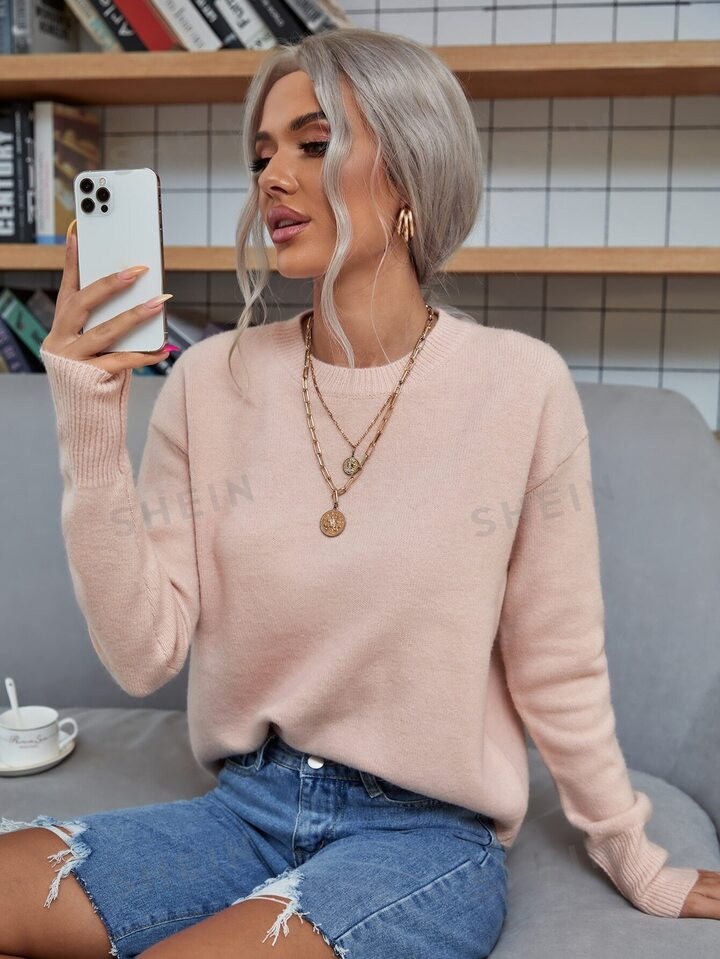 SHEIN LUNE Solid Drop Shoulder Sweater | SHEIN