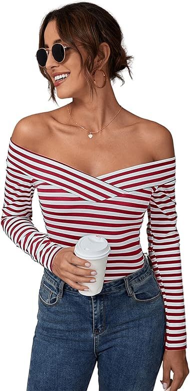 SheIn Women's Sexy Off Shoulder Long Sleeve T-Shirt Cross Wrap Ribbed Knit Tops | Amazon (US)