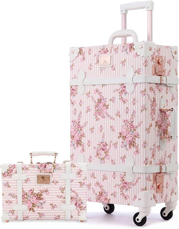 Unitravel Vintage Luggage Set TSA Approved Floral Pink Suitcase with 12inch Train Bag for Women | Amazon (US)