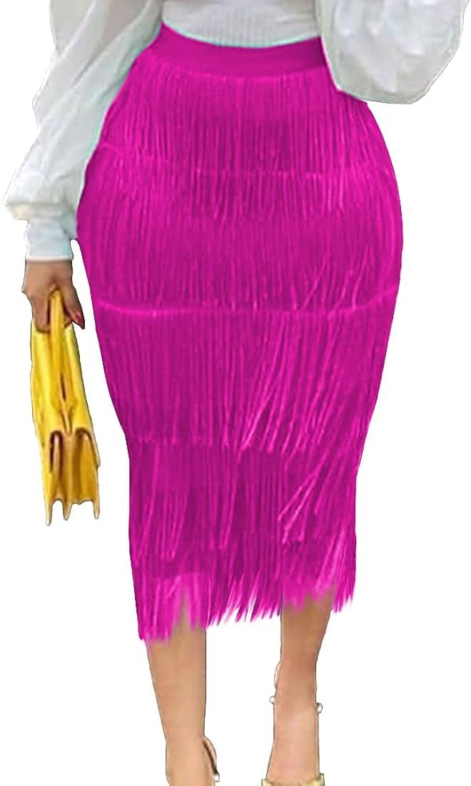 AOMEI Women's High Waist Fringe Tiered Bodycon Pencil Midi Skirt | Amazon (US)