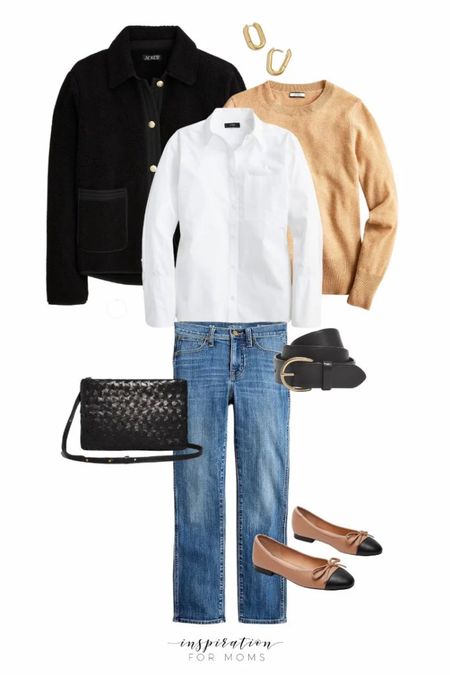 Classic but warm winter outfit featuring teddy Sherpa lady jacket, cashmere crew neck sweater, button up shirt, vintage jeans, two toned flats, crossbody bag, black leather belt and hoop earrings.

Winter wardrobe, capsule wardrobe, winter outfit ideas


#LTKSeasonal #LTKsalealert #LTKstyletip