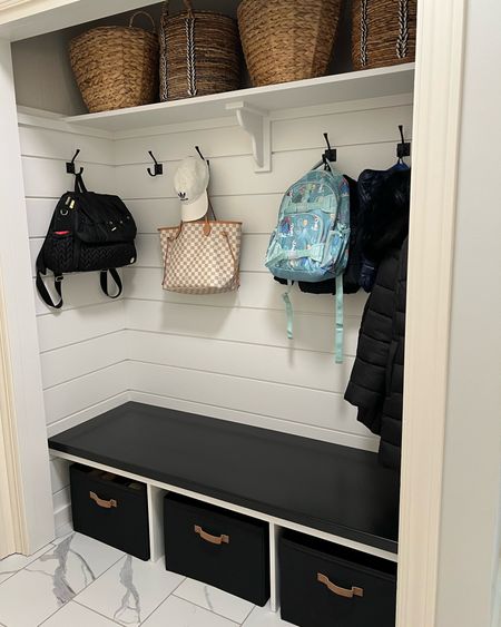 Mudroom. Mudroom organization. Entryway. Storage solutions. Home organization. Accent wall. Shiplap wall. Bench. Home storage. Entryway storage. Amazon finds. Amazon home. 

#LTKhome