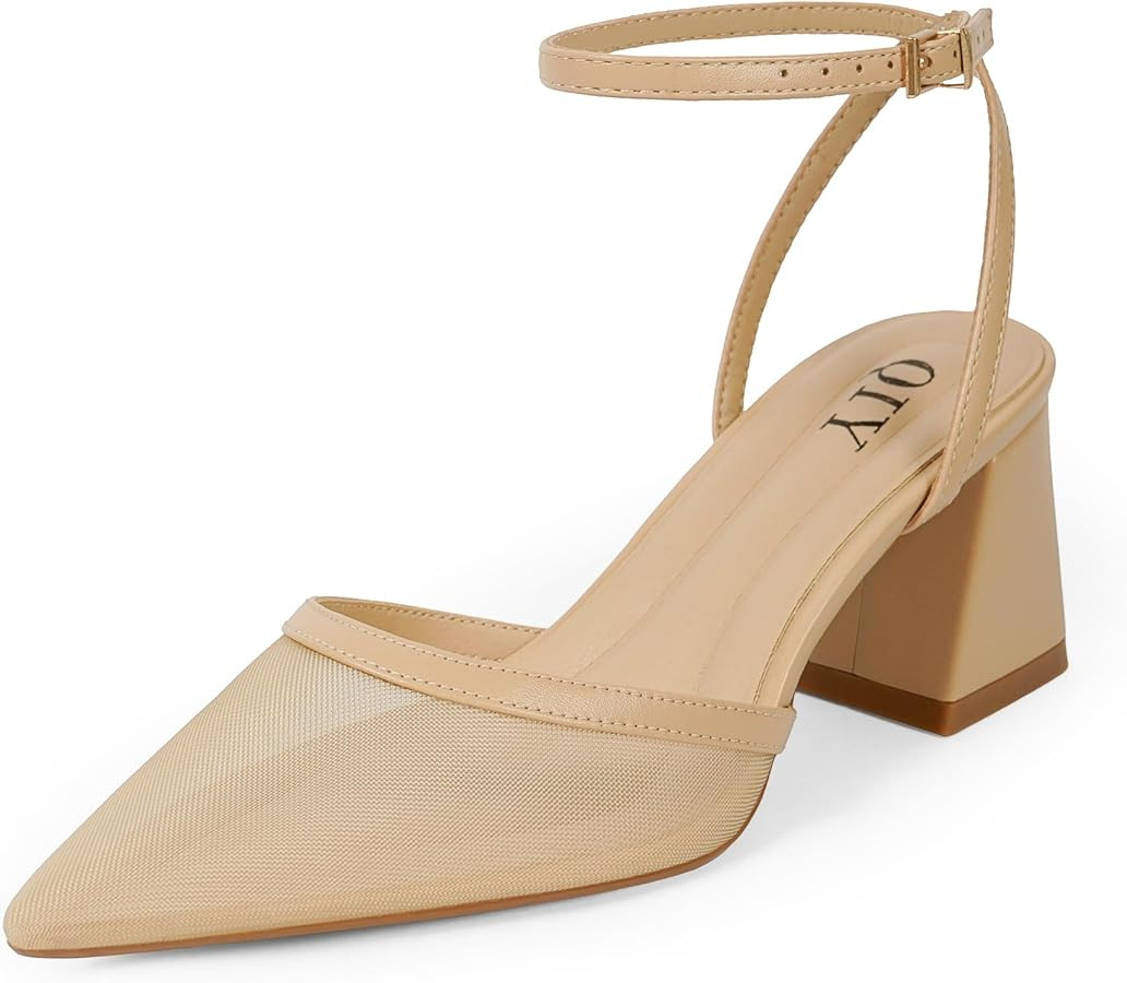 Closed Toe Heels for Women Ankle Strap Pointed Toe Slingback Chunky Low Heels Womens Pumps Weddin... | Amazon (US)