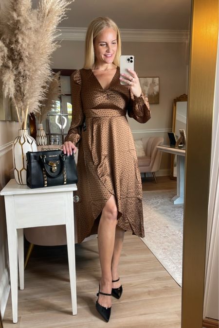 This golden brown satin polka dot midi dress is so cute for the fall. Would make a great Thanksgiving dress. Wearing a size small. If between sizes, you can size down..  

#LTKsalealert #LTKstyletip #LTKover40