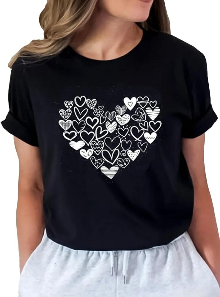 Womens Valentines T-Shirt Print Graphic Tees Cute Love Heart Shirts Casual Short Sleeve | Amazon (US)