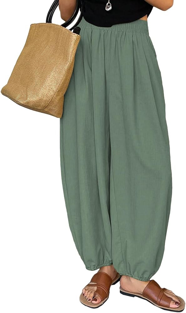 Astylish Womens Elastic High Waisted Baggy Barrel Pants 2026 Casual Lounge Boho Harem Trousers Pa... | Amazon (US)