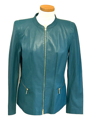 LAFAYETTE 148 New York SOFTEST LEATHER JACKET TEAL Blue , SZ 12  Fitted MINT | eBay US