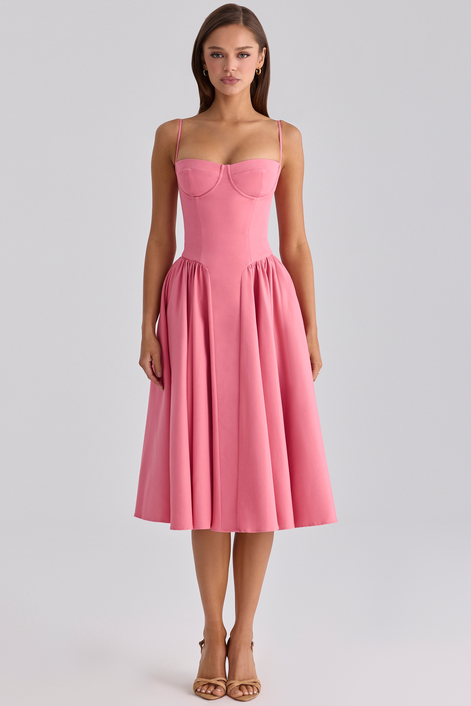 raspberry cotton twill corset midi dress | House of CB