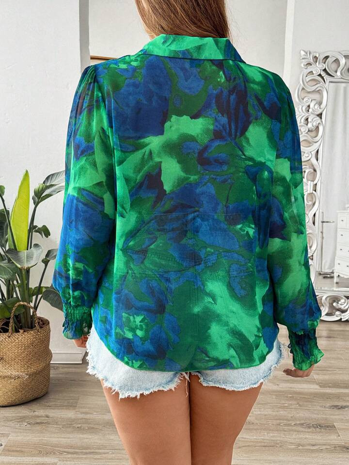 SHEIN Franclia Plus Size Women Fashionable Tie-Dye Printed Long Sleeve Shirt, For Christmas Butto... | SHEIN