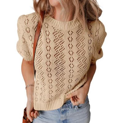 Women's Short Sleeve Round Neck Pullover Sweater - Breathable Open Knit Casual Top Khaki XXL | Target
