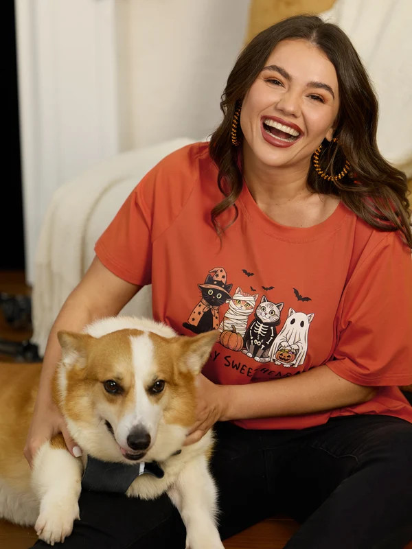 Cute Mummy Ghost Skeleton Cat Print Casual T‑Shirt | Bloomchic
