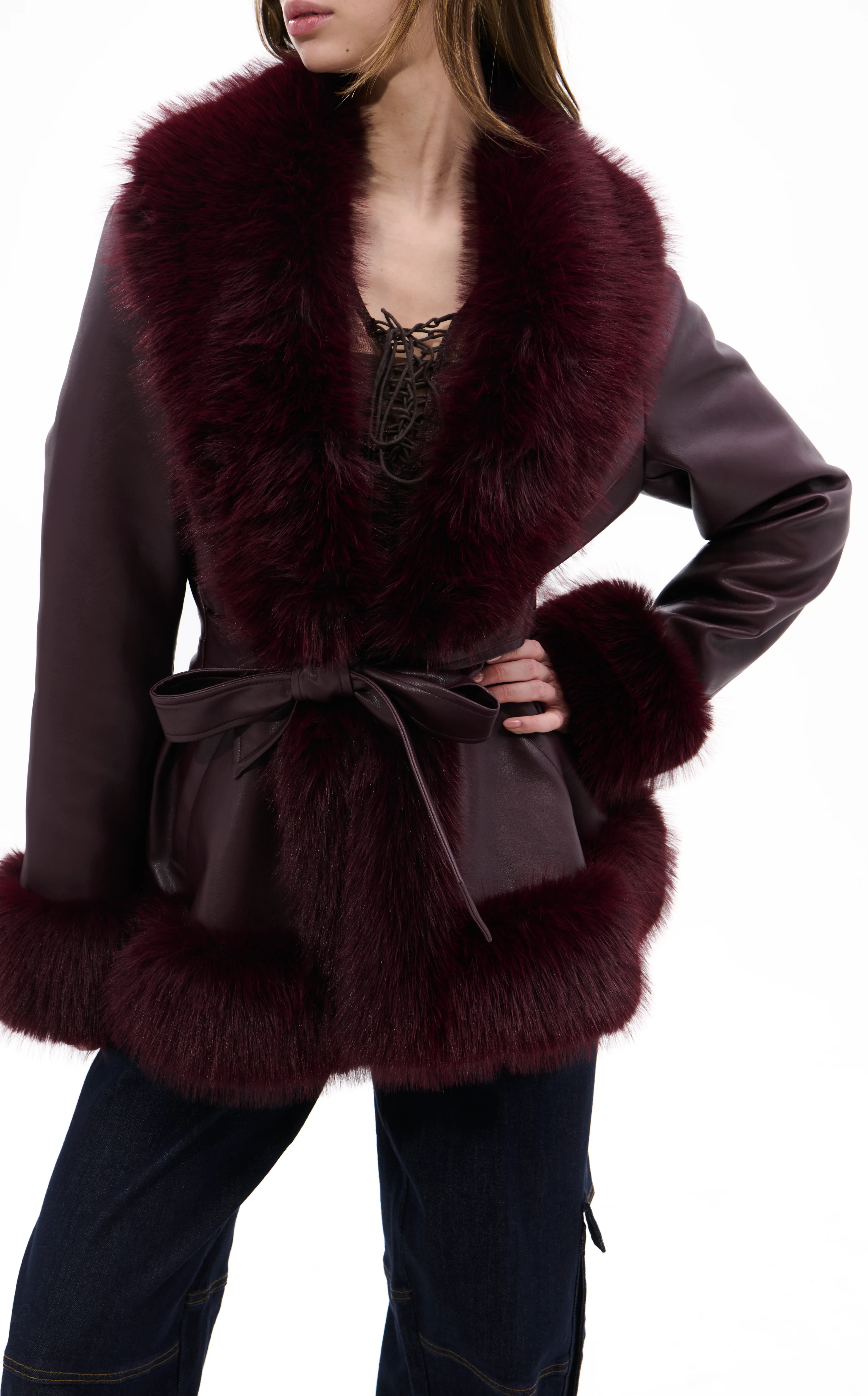 KENZY-BURGUNDY FAUX FUR JACKET | Azalea Wang