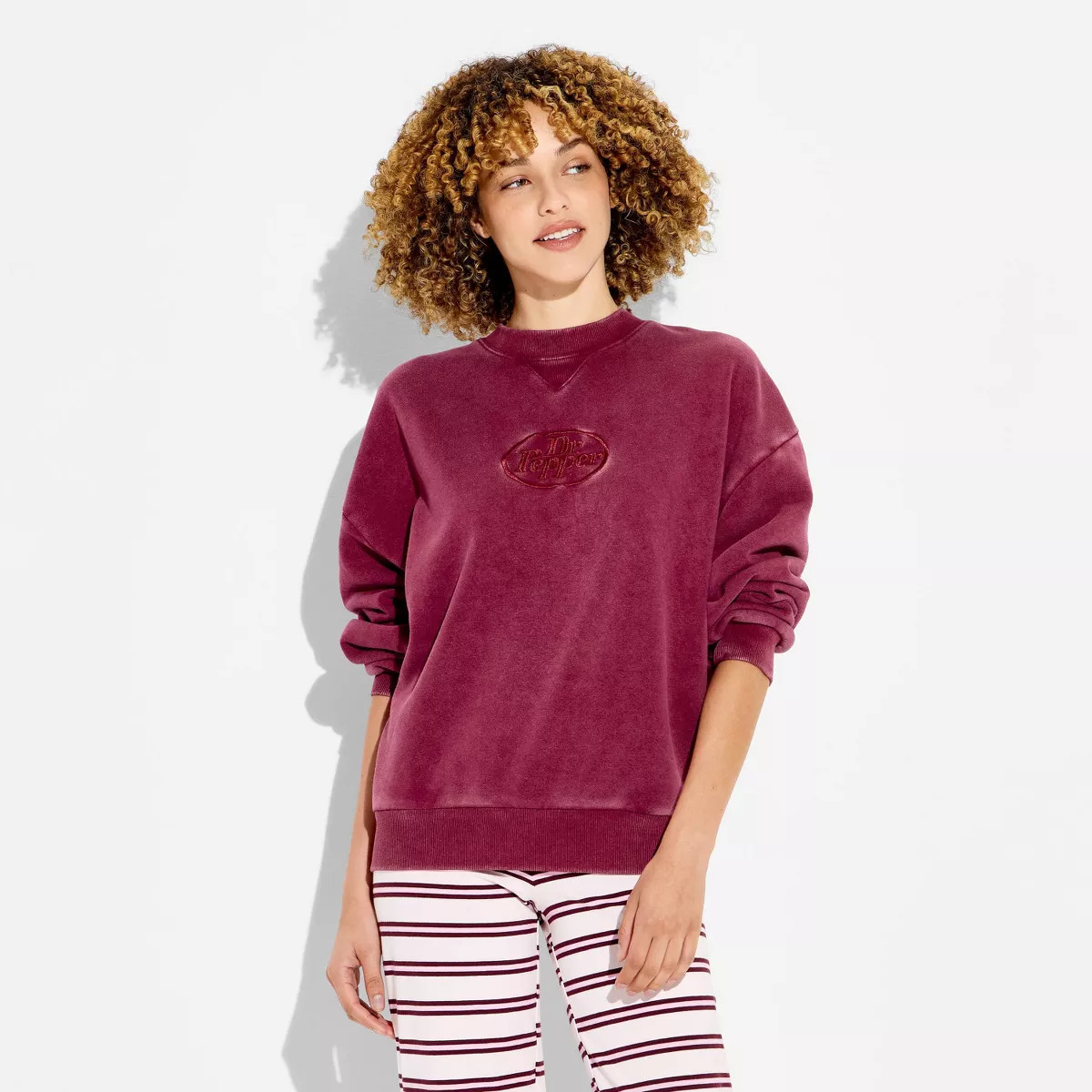 Women's Crewneck Dr. Pepper Fleece Graphic Pullover Sweatshirt - Burgundy XS | Target