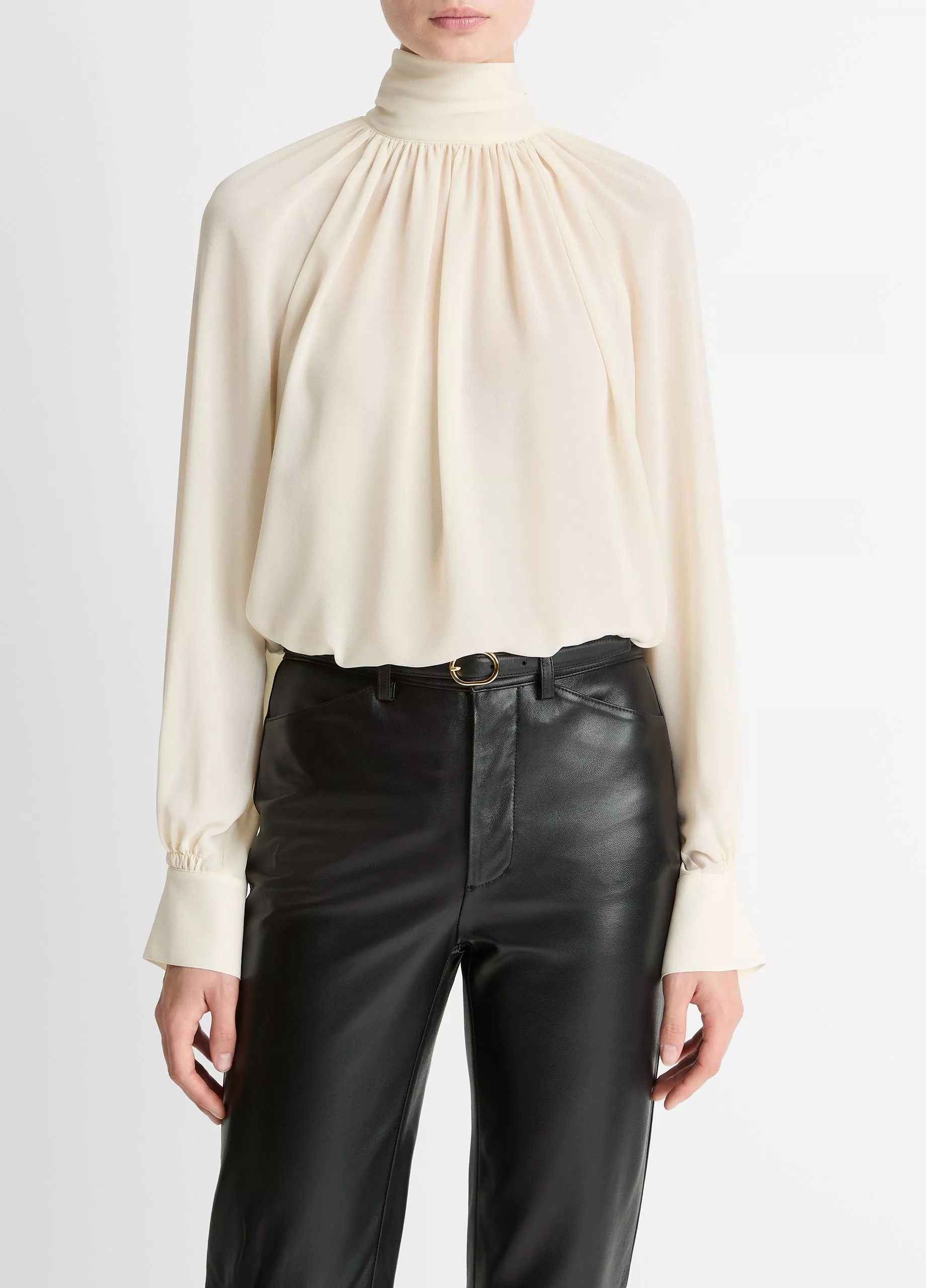 Gathered Draped-Neck Crepe Blouse | Vince LLC