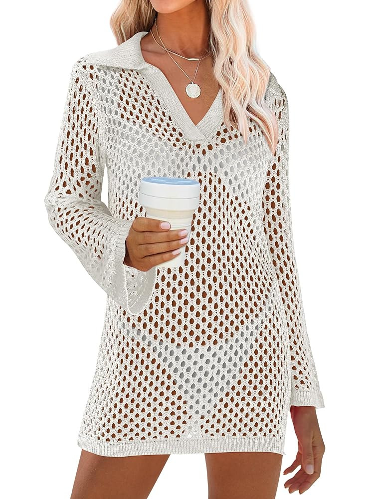 ANRABESS Women Swimsuit Crochet Swim Cover Up Summer Bathing Suit Swimwear Polo V Neck Mesh Knit ... | Amazon (US)