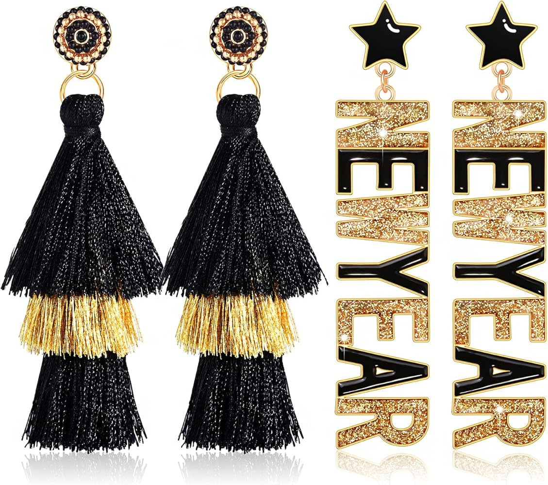 Happy New Year Earrings Beaded 2023 Earrings Rhinestone Letter NYE Star Hat Drop Dangle Earrings ... | Amazon (US)