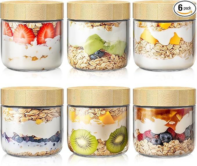 6 Pack 10oz Overnight Oats Containers with Bamboo Lids, Glass Jars with Airtight Lids for Meal Pr... | Amazon (US)