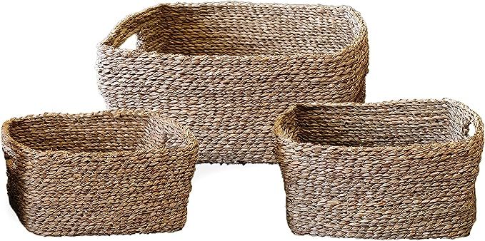 LiLaCraft Set 3 Sea Grass Fruits Storage Baskets, Wicker Cubby Storage Bins, Rope Woven Basket fo... | Amazon (US)