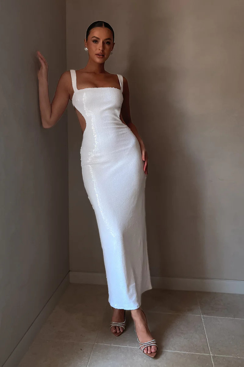Adoria Sequin Cut Out Maxi Dress - White | MESHKI US