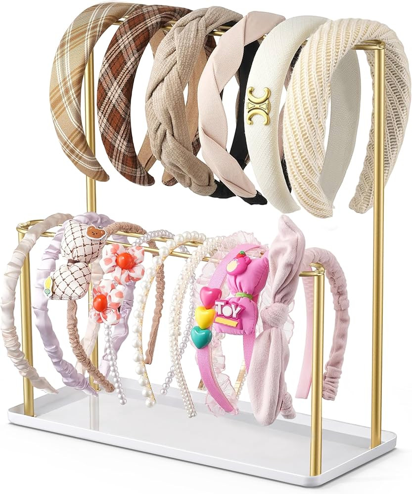 Headband Holder Organizer Metal 2-Tier with Tray: Hair Accessories Display Stand Storage Hairband... | Amazon (US)