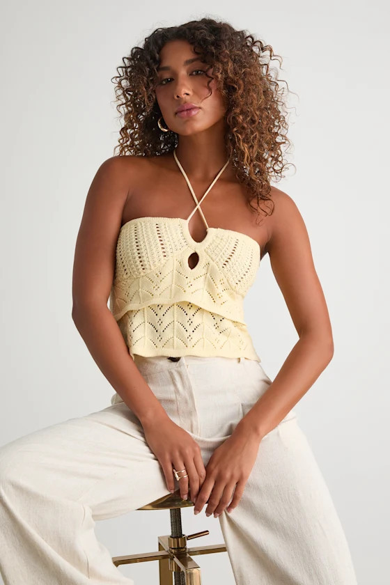Linden Light Yellow Crochet Cutout Tiered Halter Top | Lulus