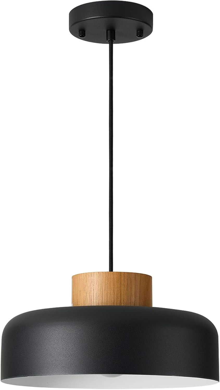 Modern Farmhouse Pendant Lights, 12.6 inch,Natural Wood Cap, Small Simple Ceiling Light Fixture for Kitchen Island, Dining Area, Matte Black | Amazon (US)
