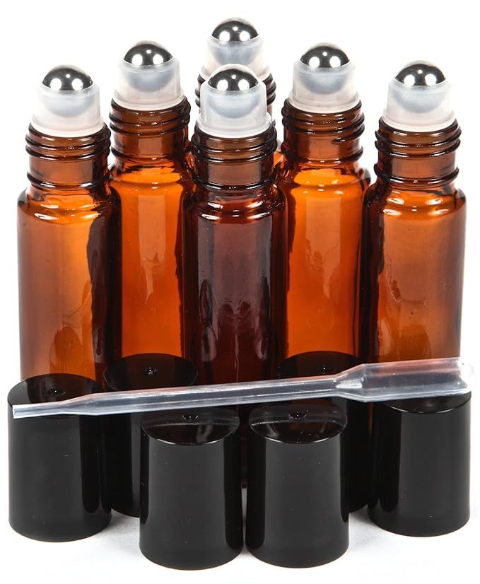 Vivaplex, 6, Amber, 10 ml Glass Roll-on Bottles with Stainless Steel Roller Balls - .5 ml Dropper... | Amazon (US)