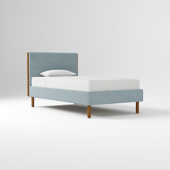 Josephine Upholstered Bed, Performance Distressed Velvet Denim Blue, Dark Walnut, Twin | West Elm (US)