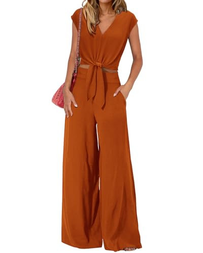PRETTYGARDEN Women 2 Piece Sets 2025 Sexy Sleeveless V Neck Tie Waist Crop Tops Palazzo Pants Set Casual Lounge Wear(Solid Brown Orange,X-Large) | Amazon (US)