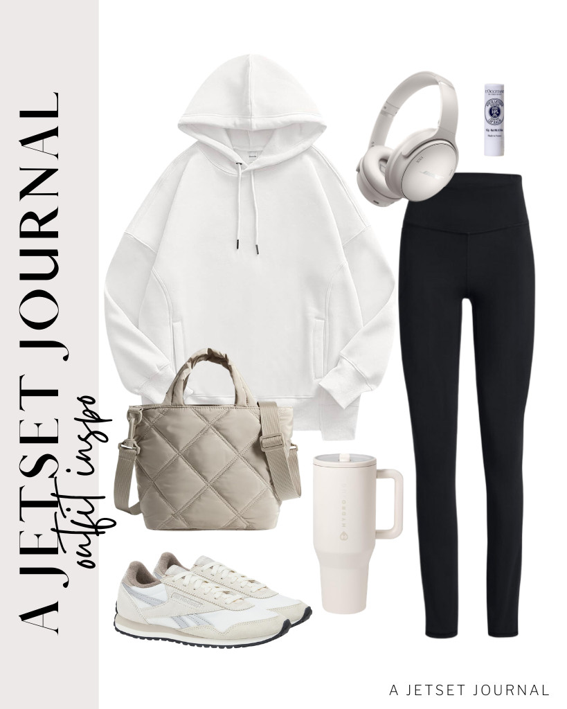 I love wearing a white hoodie, especially during my morning walks or brunch outings. It gives me a fresh, clean vibe and pairs well with leggings. To complete this look, I like to wear a pair of Reebok Classic AZ Legacy sneakers that match the color of my crossbody bag. Additionally, I added my Bose headphones and a Hydrojug Traveler to complete the outfit. 

 #LTKSeasonal #LTKSaleAlert #LTKTravel