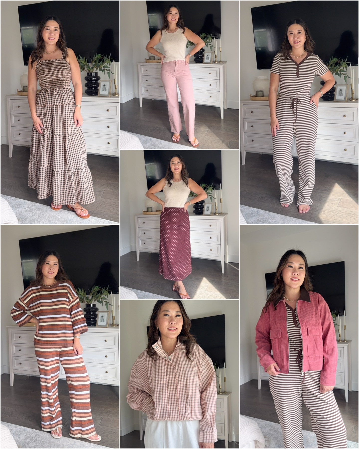 Amazon Unboxing - Summer to Fall outfits
Polka Dot Tank: Medium
White Knit Tank: Small
Burgundy Pant: Medium 
Denim Set: Medium
Striped Tank: Medium
Leopard Pants: Medium
Striped Dress: Small 
Gingham Skirt Set: Medium 
Pink Denim Jeans: Medium
Brown Knit Striped Set: Medium
Polka Dot Skirt: Medium
Casual Striped Set: Medium
Jackets: Medium

#LTKootd #LTKSeasonal #LTKOver40