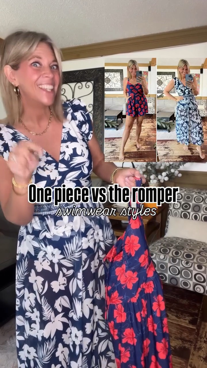 The classic one piece swimsuit with coordinating mesh skirt cover up vs. the swim romper… which is your fave?? ☀️🌊🏖️ I’m wearing my true size 12 in each.

#LTKOver40 #LTKSwim #LTKMidsize