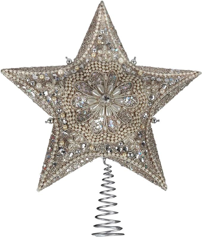 Kurt Adler 13.5-inch Star Treetop with Ivory Pearls and Platinum Glass Glitter | Amazon (US)
