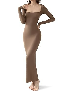 PUMIEY Women's Square Neck Long Sleeve Maxi Dress Ribbed Bodycon Dresses for Women Soft Lounge Dr... | Amazon (US)