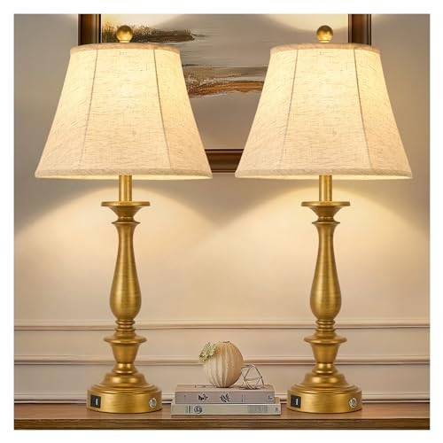 AIDENOEY 28.5" Traditional Table Lamp Set of 2, Rustic Farmhouse Table Lamps for Living Room Bedroom, Bedside Desk Lamps Vintage Nightstand Lamps with Silk Fabric Shades，Antique Gold Table Lamp | Amazon (US)