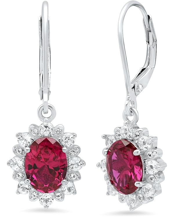 925 Sterling Silver Halo Sunburst Gemstone Oval Dangle Earrings for Women 8x6mm Birthstone with L... | Amazon (US)