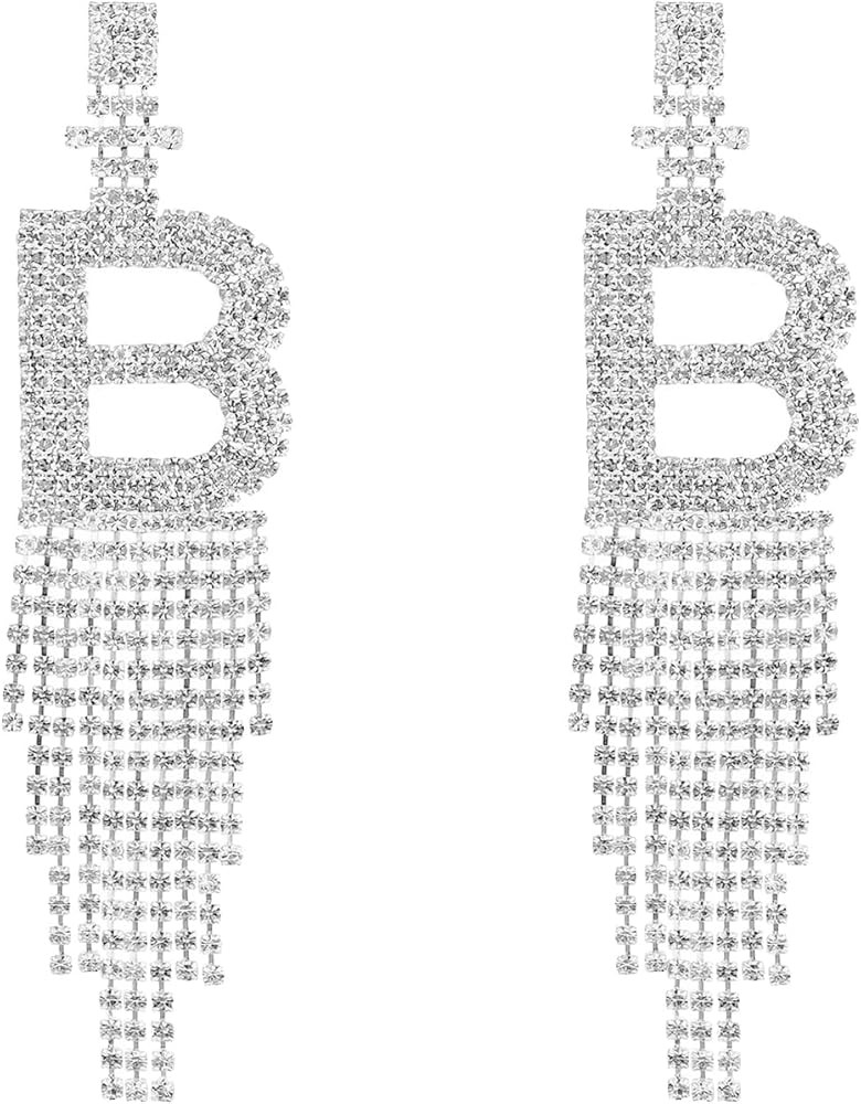 Initial Rhinestone Earrings Sparkle Alphabet Dangle Drop Earrings Clear Crystal Tassel Chandelier... | Amazon (US)