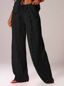 MUSERA Drawstring Waist Linen Look Frill Trim Wide Leg Casual Trousers Ibiza Sexy Vacation Holida... | SHEIN