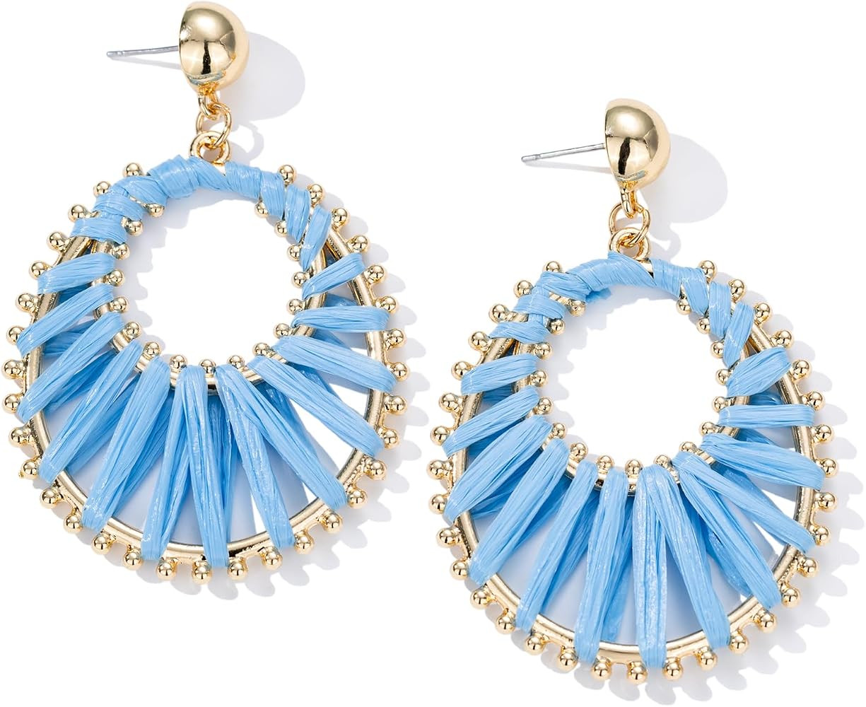 Gold Raffia Earrings Boho Summer Beach Jewelry Trendy Statement Dangle Drop Earrings for Women | Amazon (US)
