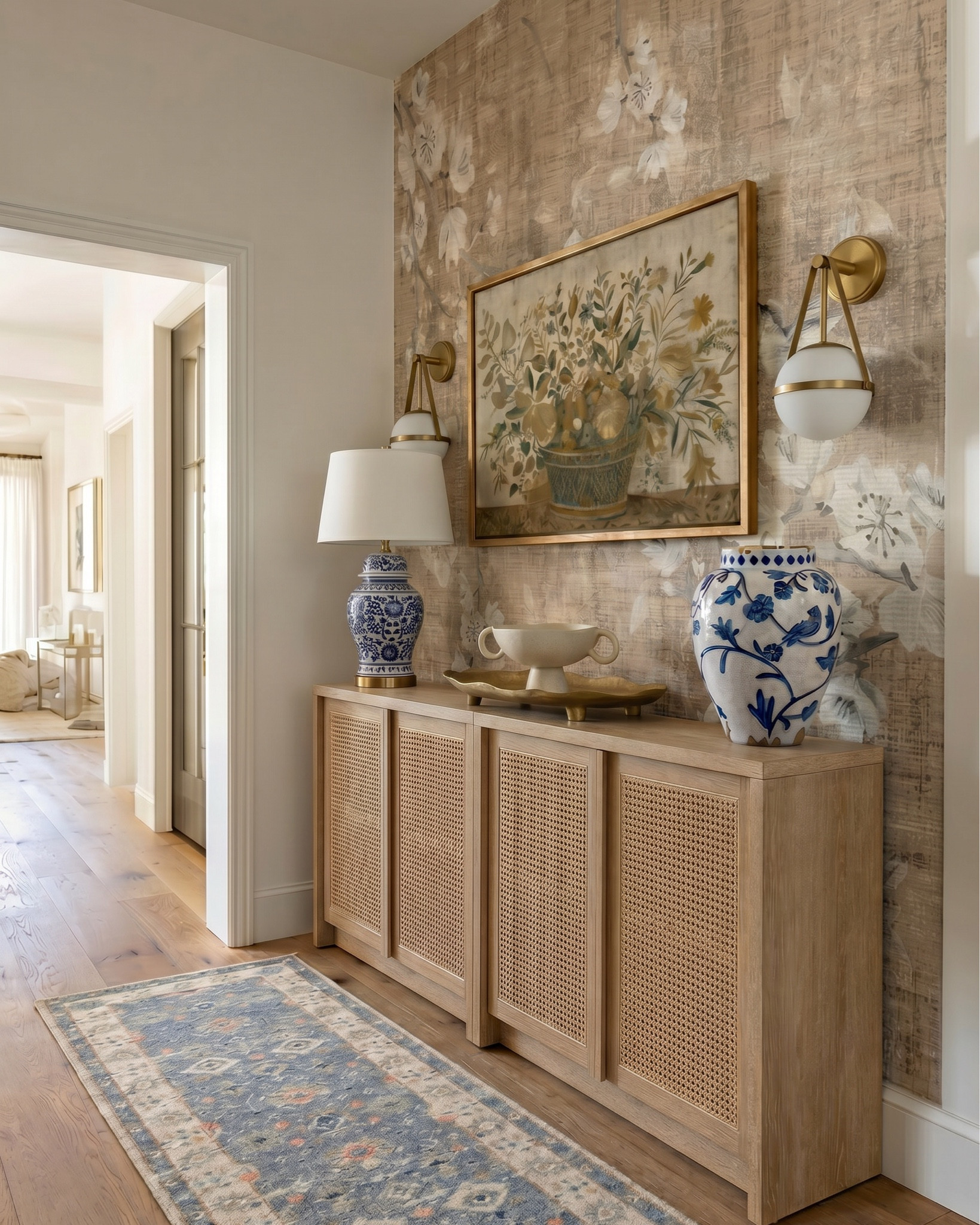 • White upholstered sofa (modern clean lines)
• Light wood frame accent chair (neutral cushion)
• Chunky knit throw blanket (cream / beige)
• Light wood rectangular coffee table (minimal / modern)
• Neutral checkered area rug (brown / cream pattern)
• Marble fireplace surround (white with gray veining)
• Large abstract landscape wall art (neutral tones, gold frame)
• Built-in shelving (painted soft gray)
• Decorative books (neutral stacked styling)
• Small ceramic decor objects (matte black / stone finish)
• Brass candle holders (modern minimal)
• Glass decorative vases (clear / smoked)
• Wood ceiling beams (light natural finish)
• Round flush mount ceiling light (white globe)
• Ceramic vase (rounded neutral tone) • Fresh floral arrangement (yellow + white flowers) • Decorative tray (light wood or stone) • Stacked coffee table books (neutral covers) • Small brass sphere decor object
• Light wood side table (open shelf design) • Blue and white ceramic ginger jar • White table lamp (fabric shade, brass detail)
• Light wood sideboard cabinet (cane / woven door fronts) • Cane panel credenza (natural oak finish) • Blue and white ceramic ginger jars (traditional style) • White ceramic bowl (centerpiece decor) • Brass decorative tray (organic shape) • Floral still life wall art (gold frame) • Neutral floral wallpaper (textured / vintage style) • Brass wall sconces with white glass shades • White table lamp with brass hardware • Large ceramic table lamp base (blue/white pattern)


#LTKHome #LTKSaleAlert