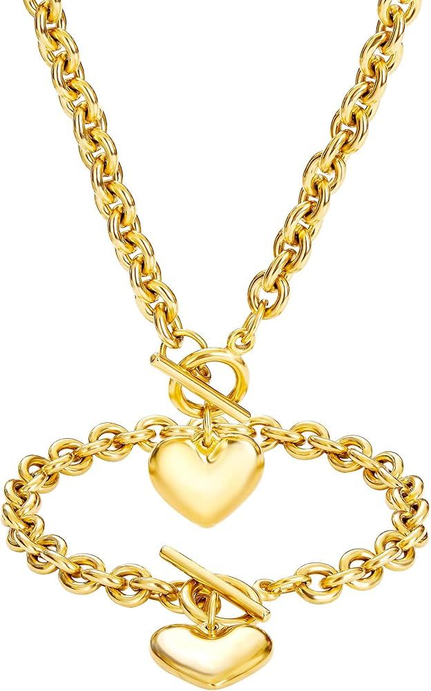 Heart Chain Necklace + Heart Bracelet for Women Girls Hearts Pendant Toggle Charm Jewelry Set Sta... | Amazon (US)