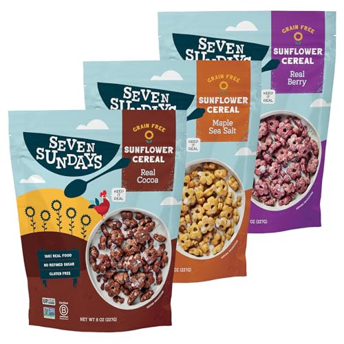 Seven Sundays Sunflower Cereal, Variety Pack, 8 Oz Bag (Pack of 3), Grain & Gluten Free, Upcycled Protein, Maple Sea Salt, Real Berry, Real Cocoa | Amazon (US)