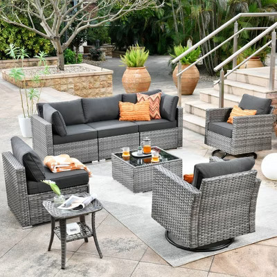 Ovios Venice 8pc Wicker Outdoor Patio Furniture Set Conversation Sofa Sectional with Swivel Chairs and Dark Gray Cushions | Target