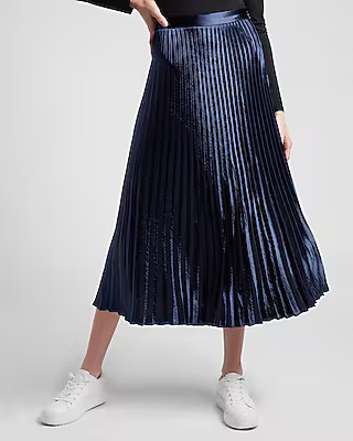High Waisted Pleated Satin Midi Skirt | Express
