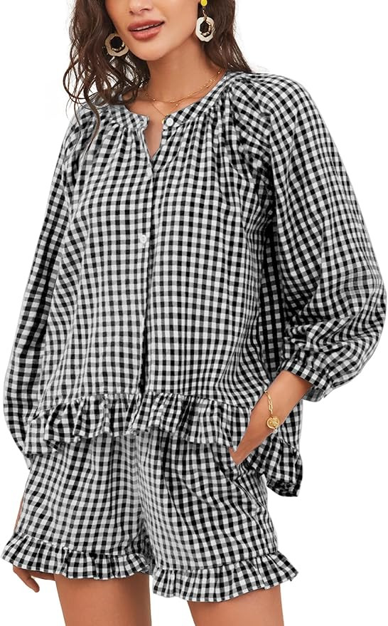 Flygo Women Gingham 2 Piece Pajama Sets Y2K Plaid Ruffle Short Sets Raglan Sleeve Shirt Lounge Sh... | Amazon (US)